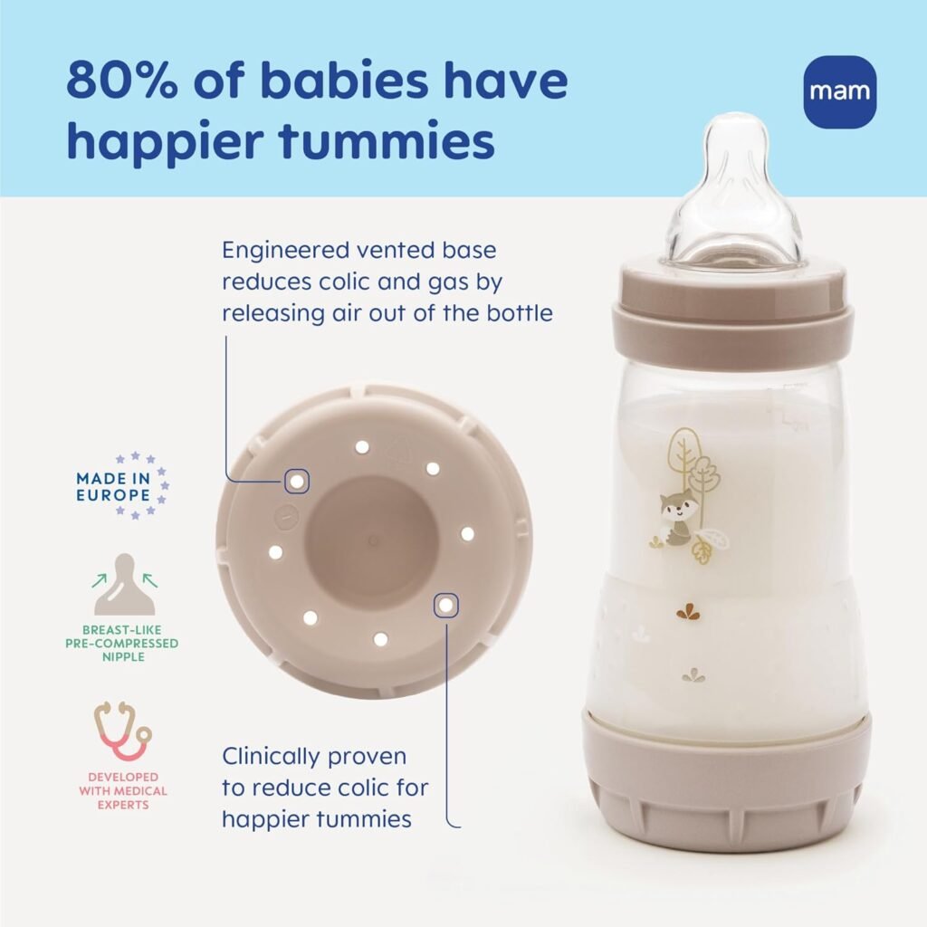 MAM anti-colic baby bottle vented base diagram showing air flow arrows.