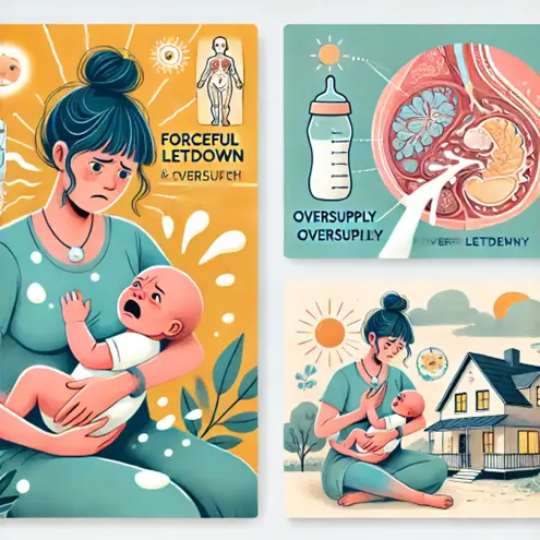 "Mother breastfeeding baby with forceful letdown and oversupply of milk"