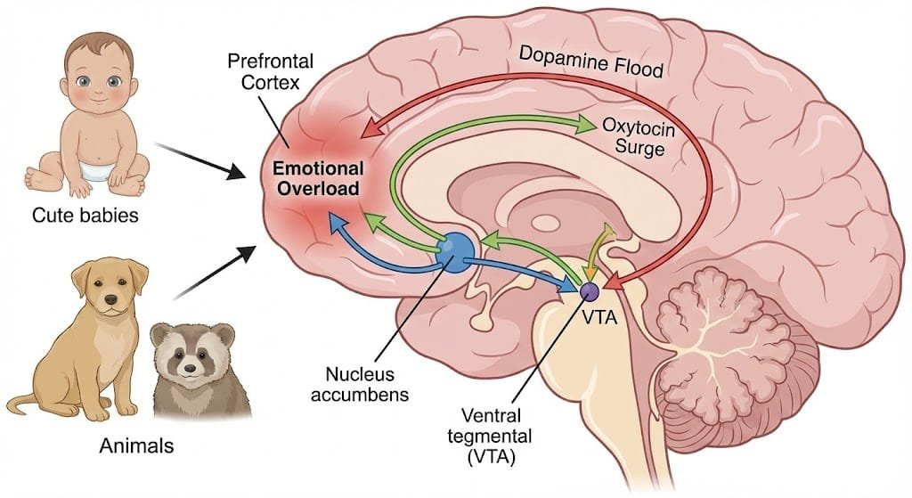 Brain reward pathway showing dopamine and oxytocin release during cuteness aggression