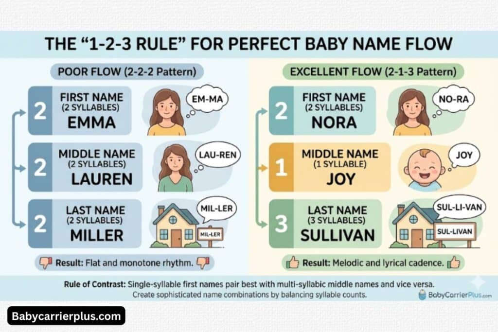 "An infographic explaining the 1-2-3 syllable rule for baby middle names, comparing a poor 2-2-2 rhythmic flow with an excellent 2-1-3 lyrical cadence using the example Nora Joy Sullivan."