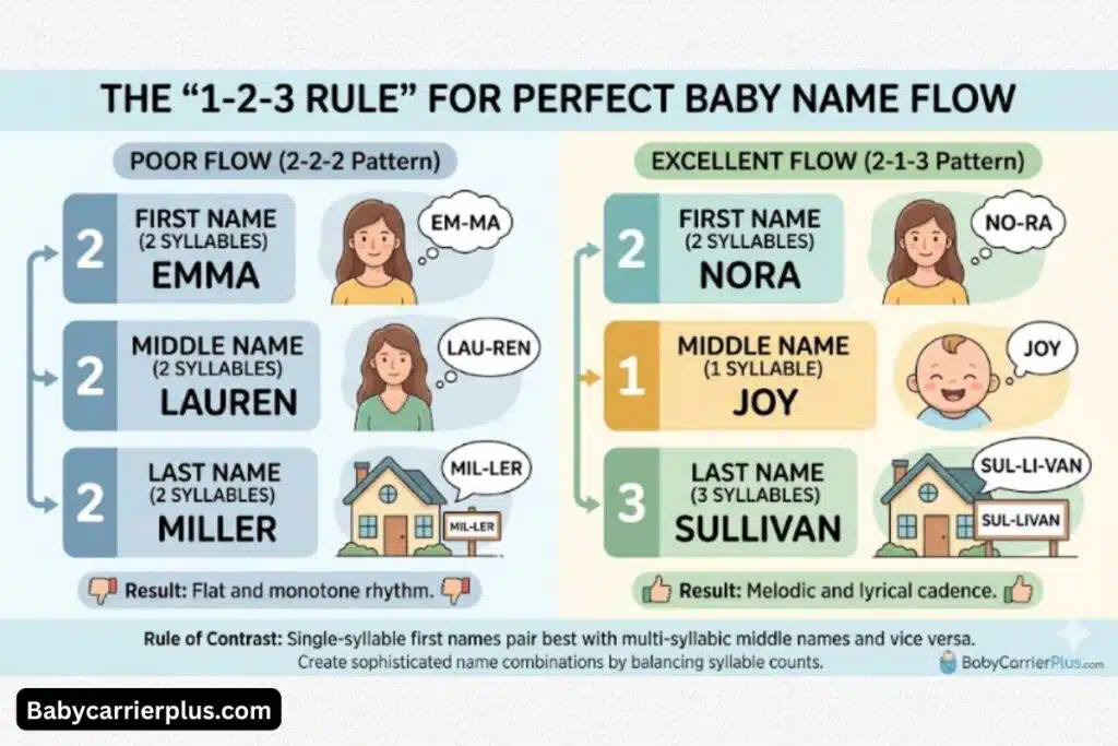 "An infographic explaining the 1-2-3 syllable rule for baby middle names, comparing a poor 2-2-2 rhythmic flow with an excellent 2-1-3 lyrical cadence using the example Nora Joy Sullivan."