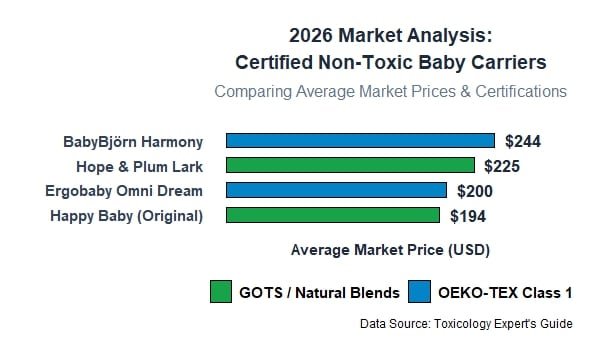 A data visualization chart comparing average market prices and strict non-toxic baby carrier certifications like OEKO-TEX and GOTS for top 2026 brands.