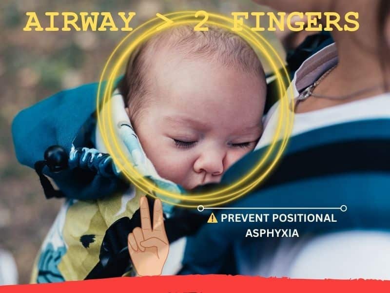 Infant airway safety diagram showing 2-finger gap rule to prevent positional asphyxia in baby carriers.