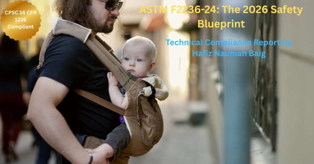 Hafiz Nauman Baig's technical report cover on ASTM F2236-24 baby carrier standard safety, featuring a father wearing an ergonomic carrier with a CPSC 16 CFR 1226 compliance seal.