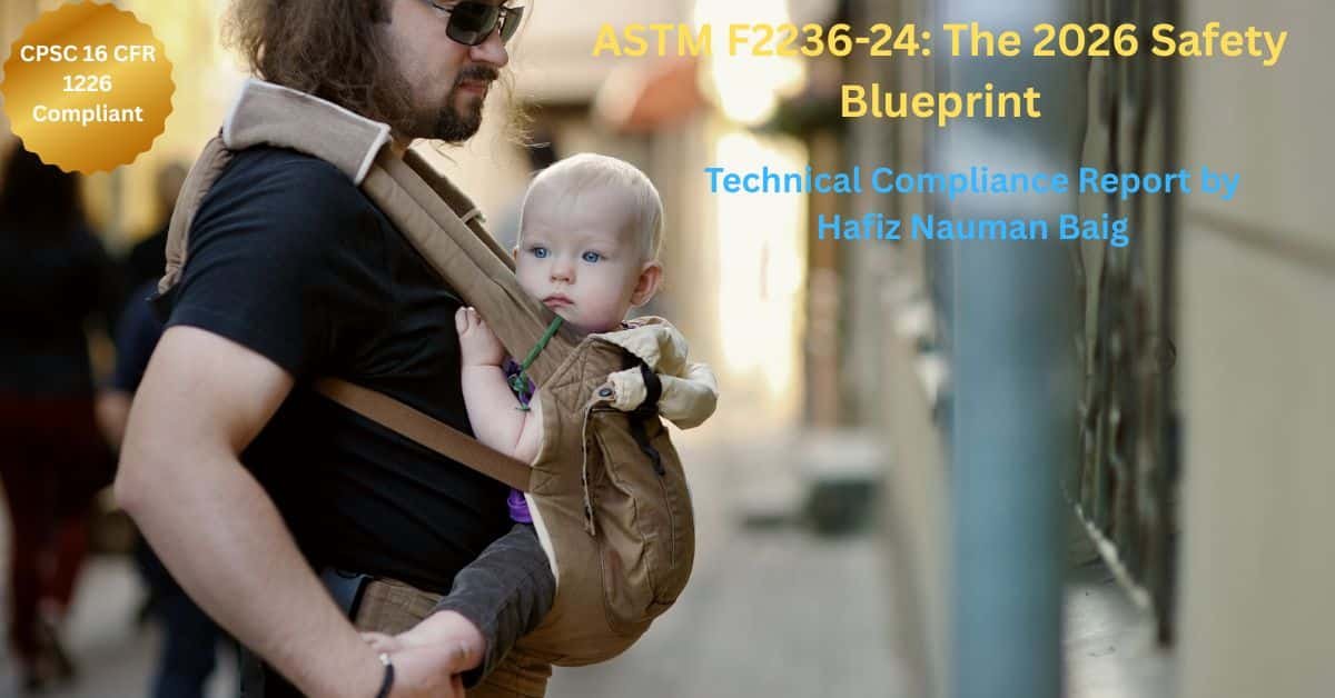 Hafiz Nauman Baig's technical report cover on ASTM F2236-24 baby carrier standard safety, featuring a father wearing an ergonomic carrier with a CPSC 16 CFR 1226 compliance seal.
