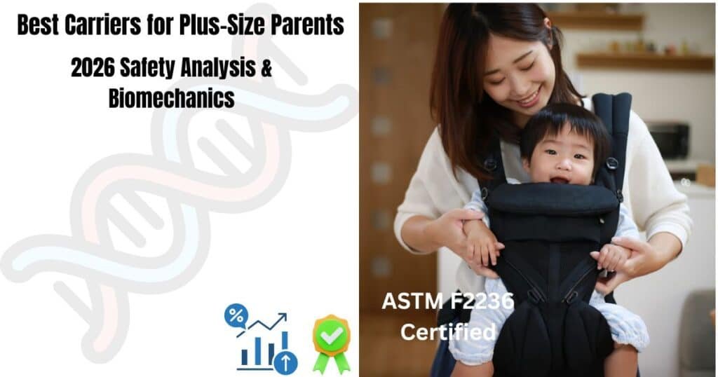 Plus-size parent wearing ergonomic baby carrier with ASTM F2236 safety certification badge, illustrating biomechanical weight distribution and safety analysis for larger bodies.
