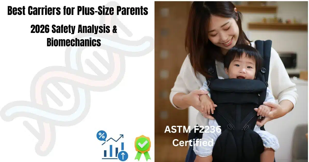 Plus-size parent wearing ergonomic baby carrier with ASTM F2236 safety certification badge, illustrating biomechanical weight distribution and safety analysis for larger bodies.
