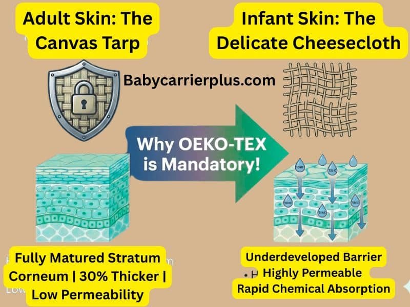 Infographic comparing thick adult skin to highly permeable infant skin, highlighting the need for strict non-toxic baby carrier certifications like OEKO-TEX.