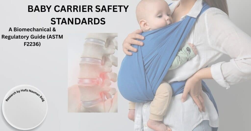 Baby Carrier Safety Standards guide cover image featuring a medical diagram of the infant spine and a mother wearing a blue baby wrap.