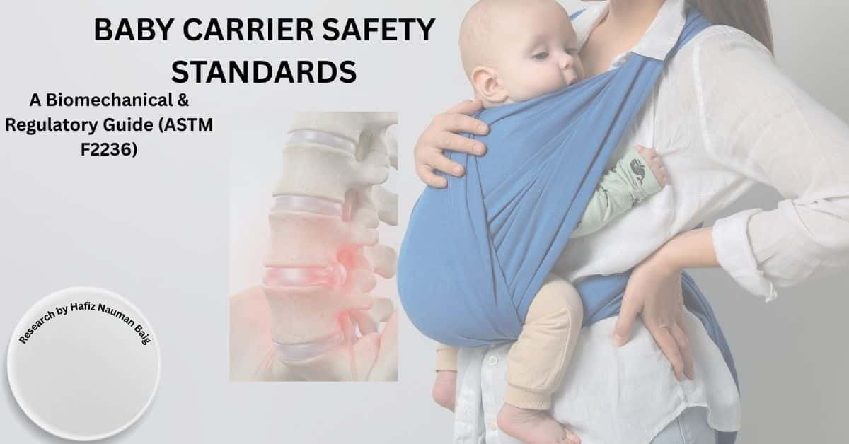 Baby Carrier Safety Standards guide cover image featuring a medical diagram of the infant spine and a mother wearing a blue baby wrap.