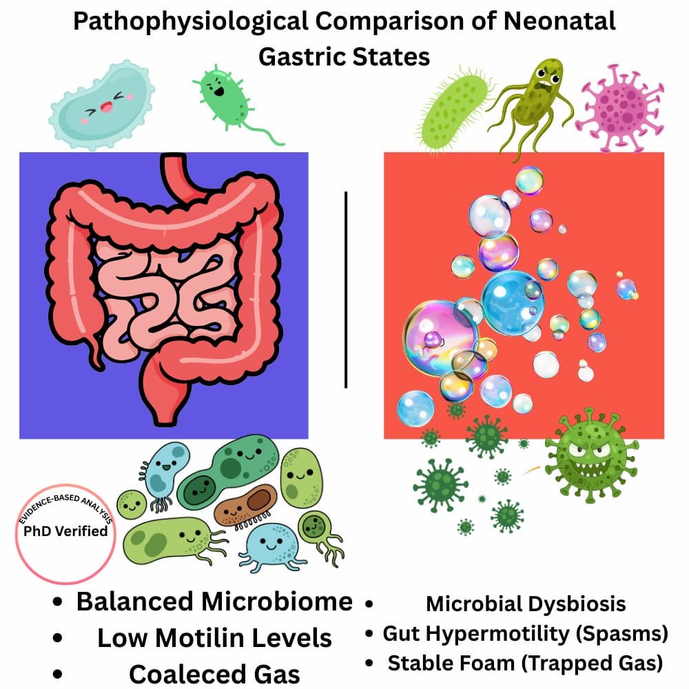 Scientific comparison of healthy infant gut vs colicky gut showing Ruminococcus gnavus and trapped gas foam.