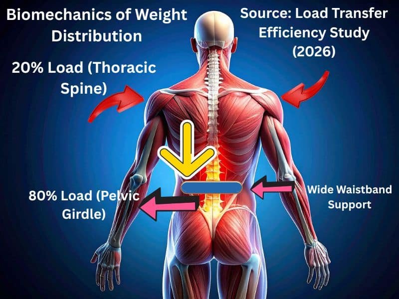 Biomechanics flowchart showing 80% infant weight transfer to pelvic girdle via wide waistband support.