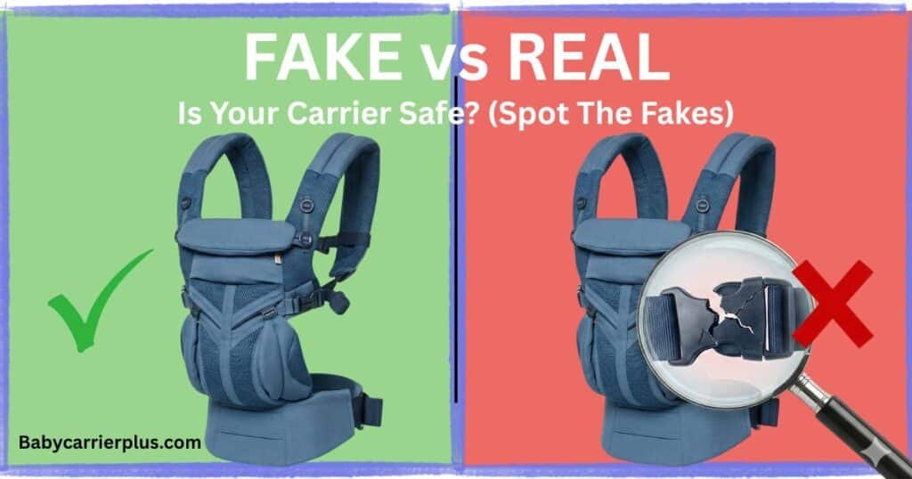 A visual comparison showing a safe baby carrier versus a fake one with a broken buckle, highlighting the critical importance of counterfeit baby carrier safety.