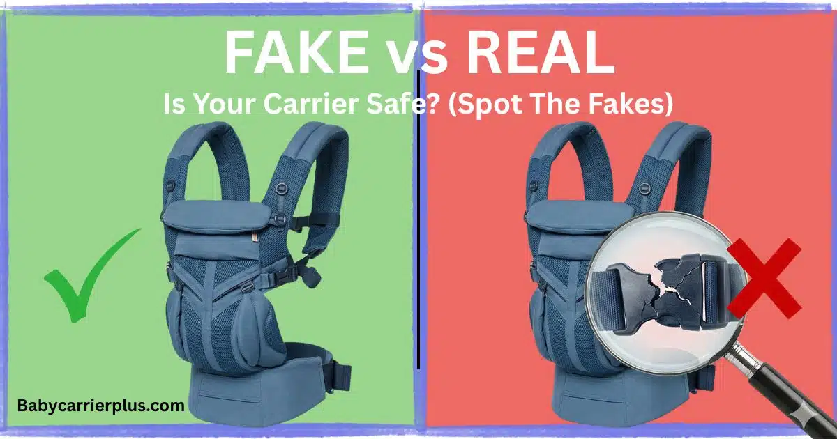 A visual comparison showing a safe baby carrier versus a fake one with a broken buckle, highlighting the critical importance of counterfeit baby carrier safety.