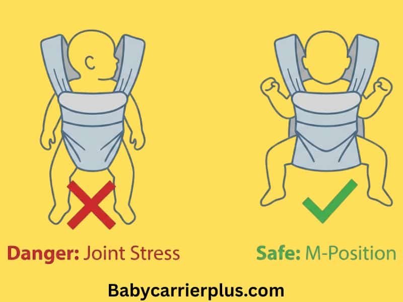 Comparison showing unsafe dangling legs in a narrow carrier versus safe M-position baby carrier hip health geometry.