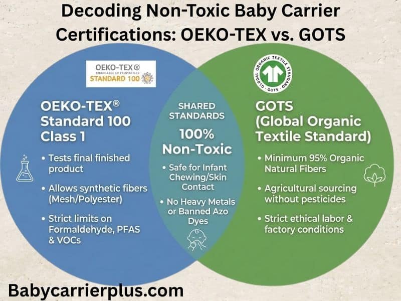 Venn diagram comparing OEKO-TEX Standard 100 Class 1 and GOTS non-toxic baby carrier certifications.