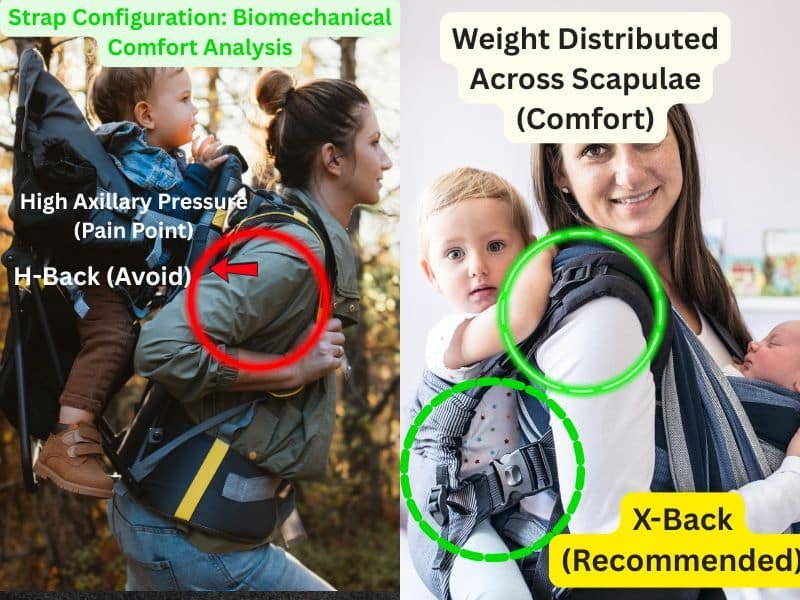 Comparison of H-Back vs X-Back straps on plus-size mothers showing axillary pressure points versus scapular weight distribution.