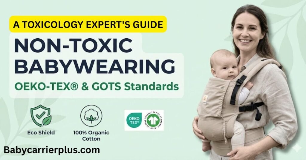 A mother wearing a baby in an organic carrier, illustrating a toxicology expert's guide to non-toxic baby carrier certifications including OEKO-TEX and GOTS standards.
