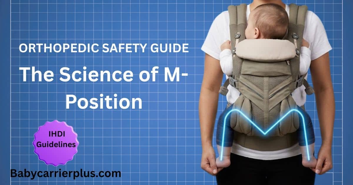 A parent wearing an ergonomic baby carrier demonstrating M-position baby carrier hip health and IHDI safety guidelines.