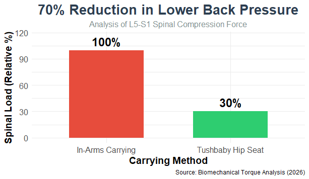Bar graph illustrating 70% reduction in lower back pressure when using Tushbaby hip seat (30% relative load) compared to in-arms carrying (100% relative load). Data derived from L5-S1 spinal compression force analysis (2026).