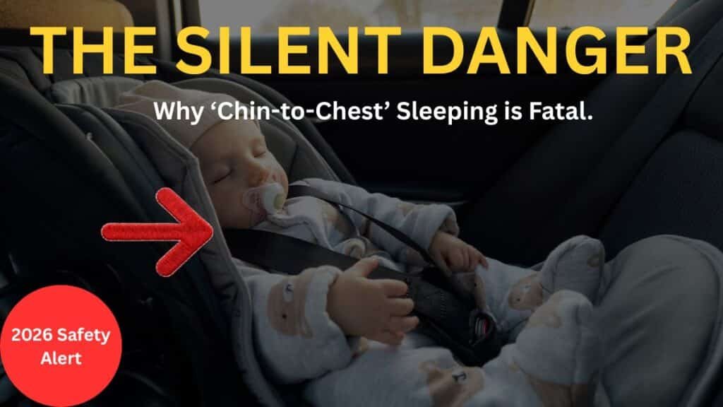 Infant sleeping in car seat with chin to chest head slump warning sign for positional asphyxia 2026