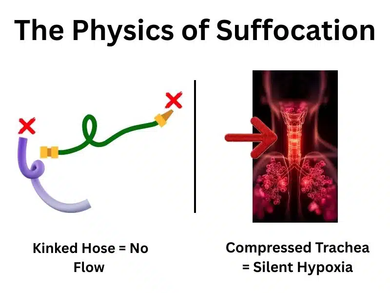 Diagram showing infant trachea compression compared to a kinked garden hose