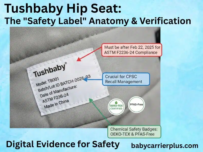 Authentic Tushbaby hip seat tracking label close-up with arrows indicating safety verification markers: Date of Manufacture (Feb 2025+), Batch ID for recalls, and ASTM F2236-24 compliance code versus counterfeit indicators."