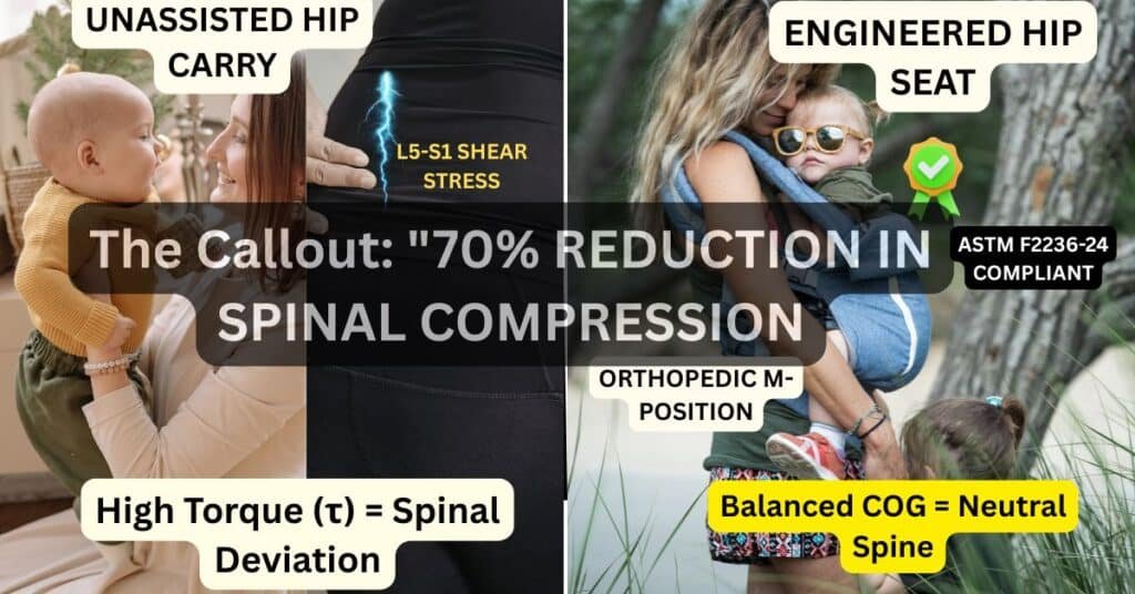 Biomechanical comparison of unassisted infant carrying versus Tushbaby hip seat, showing L5-S1 shear stress reduction and neutral spine alignment for back pain relief.