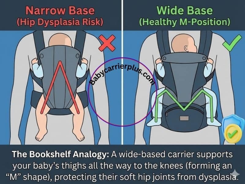Diagram comparing an unsafe narrow base baby carrier (hip dysplasia risk) with an ergonomic wide base carrier supporting the healthy M-position, complementing overall TICKS rule baby carrier safety.