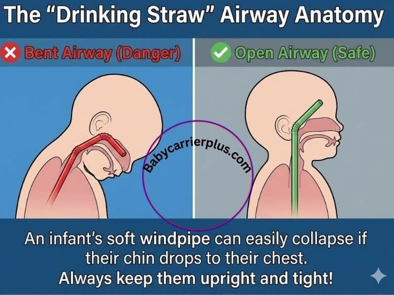 Anatomical diagram comparing a dangerously bent infant airway (chin-to-chest) with a safe, open airway, illustrating the biomechanics behind TICKS rule baby carrier safety to prevent positional asphyxia.