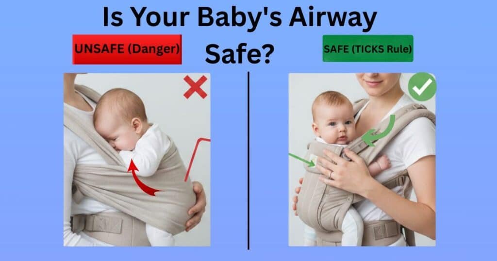Split screen comparison showing an unsafe slumping baby versus a secure upright position, illustrating essential TICKS rule baby carrier safety for infant airways.