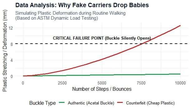 A data analysis graph showing the critical failure point of fake plastic buckles, highlighting the importance of counterfeit baby carrier safety during routine walking.