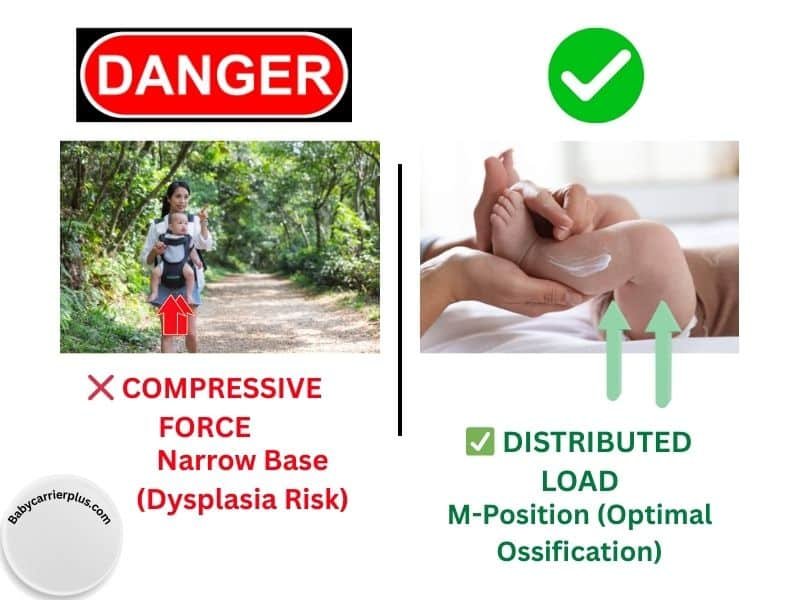 Comparison of unsafe narrow base baby carrier causing hip dysplasia risk versus safe M-position ergonomic carrier supporting optimal ossification.