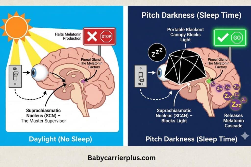Infographic diagram of an infant brain showing how a portable blackout canopy blocks light to the SCN and triggers the pineal gland to release melatonin for deep sleep.