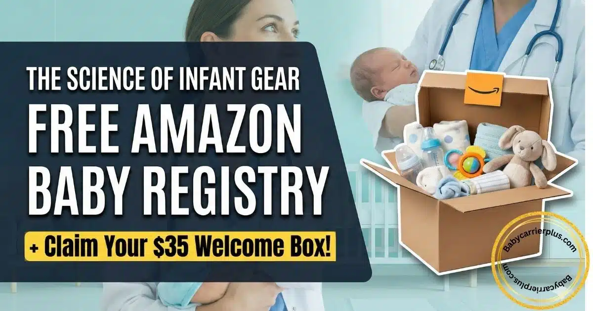 Doctor holding a newborn baby next to a gift box full of infant gear, with text explaining how to get a Free Amazon Baby Registry and claim a $35 welcome box.