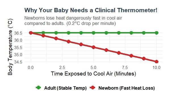 Graph illustrating rapid newborn heat loss versus adult stable temperature, showing why adding a digital thermometer to your Free Amazon Baby Registry is essential for infant safety.