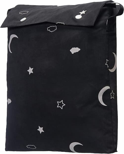 Folded Amazon Basics portable room darkening blackout curtain shade with white moon and stars print.