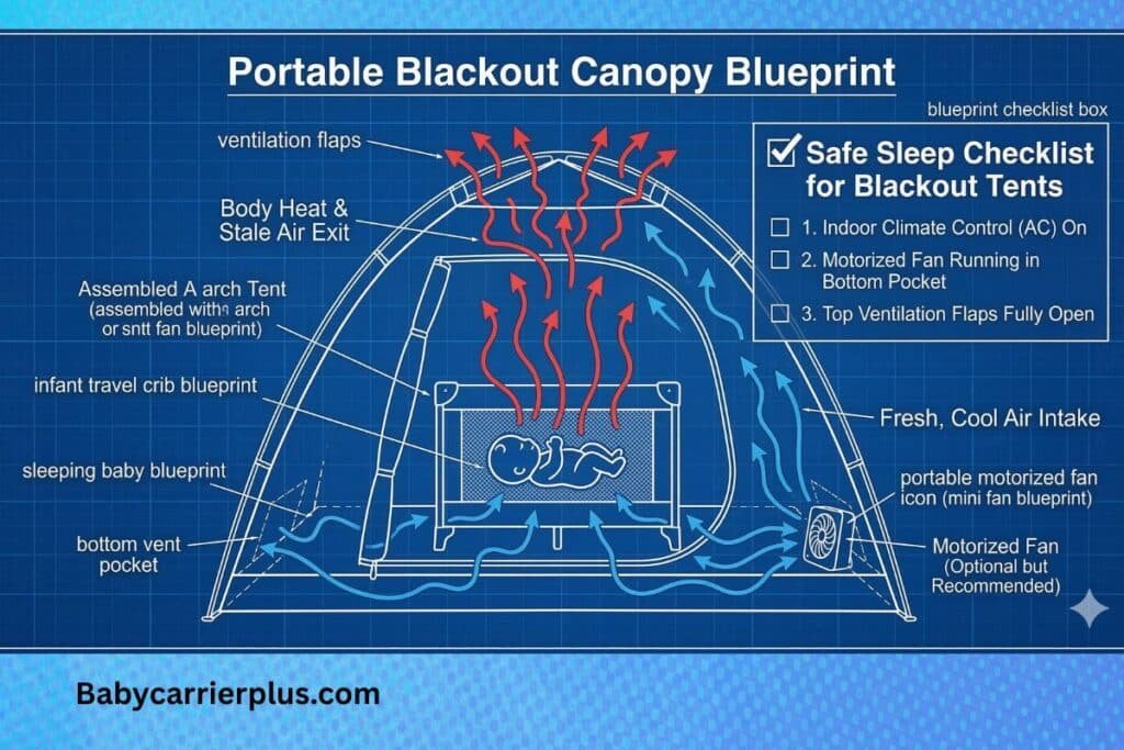 Technical blueprint of a portable blackout canopy showing safe airflow mechanics, motorized fan placement, and heat ventilation to prevent CO2 rebreathing.