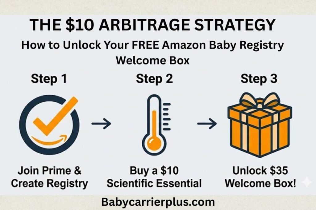 Three-step infographic showing the strategy to unlock a free Amazon Baby Registry welcome box by purchasing a $10 essential item.