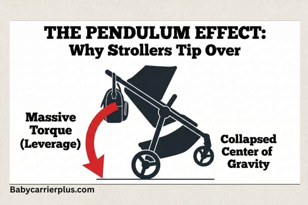 Diagram illustrating the biomechanics of stroller safety, showing the danger of massive torque and shifted center of gravity when hanging bags on handlebars, reinforcing why choosing safe gear on your Free Amazon Baby Registry is crucial.
