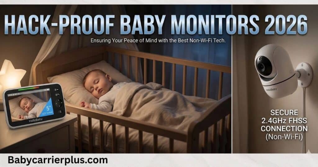 A smiling mother peacefully watching her sleeping baby, representing the absolute digital security and biological peace of mind provided by hack-proof non-WiFi baby monitors in 2026.