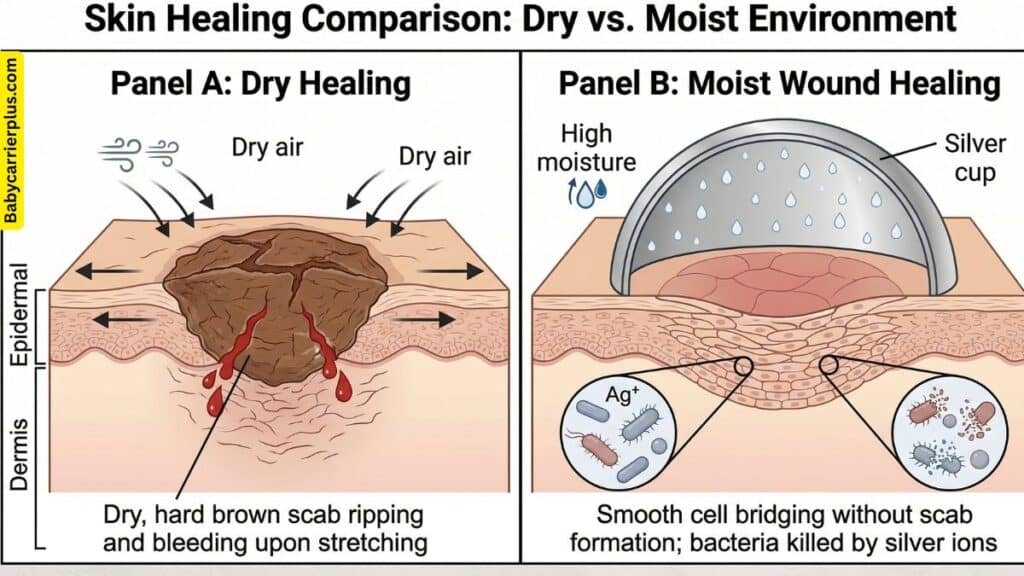 Scientific diagram comparing dry scab formation tearing the skin vs moist wound healing environment created by silver nursing cups, showing silver ions killing bacteria.