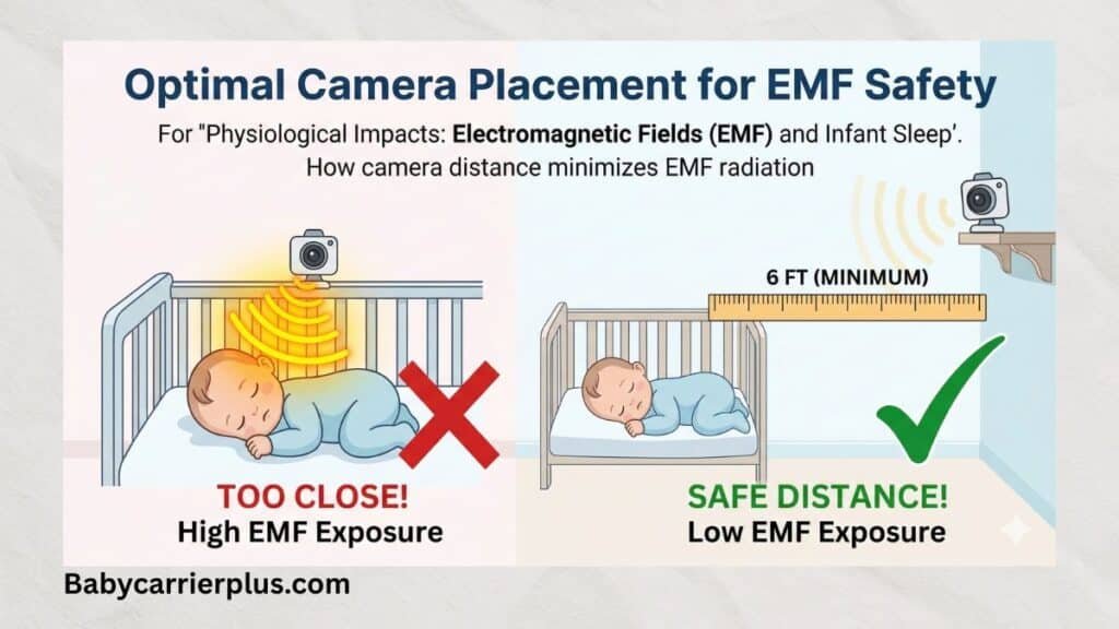 A scientific illustration showing the safe vs unsafe camera placement of hack-proof non-WiFi baby monitors to minimize EMF radiation exposure, emphasizing a minimum distance of 6 feet from the crib.