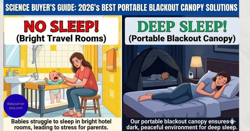 Comparison of a baby struggling to sleep in a bright hotel room vs sleeping deeply under a portable blackout canopy.