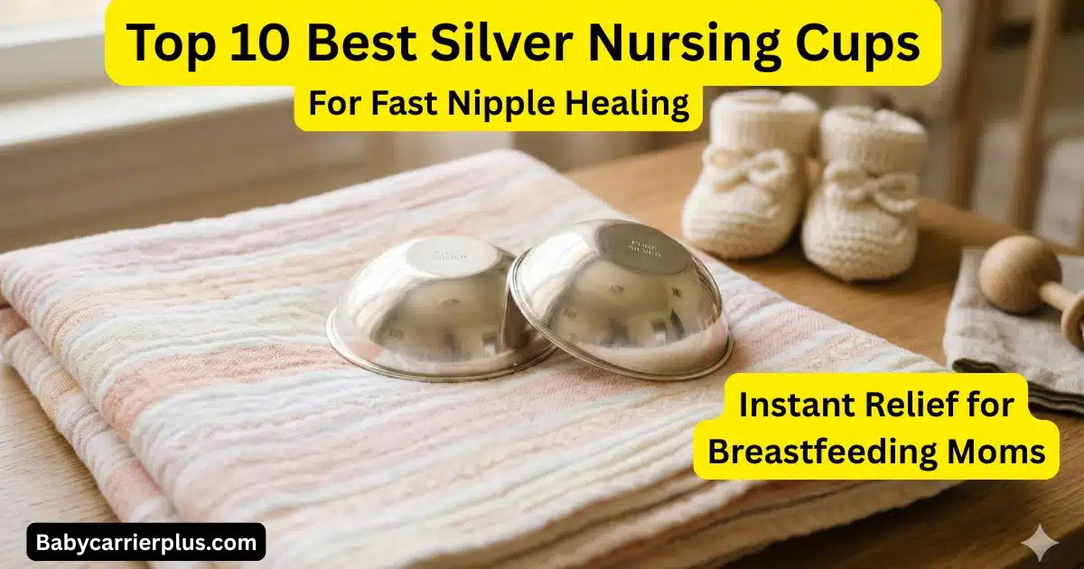 Pure silver nursing cups resting on a soft baby blanket, highlighting the top 10 best silver nursing cups for fast nipple healing and breastfeeding relief.