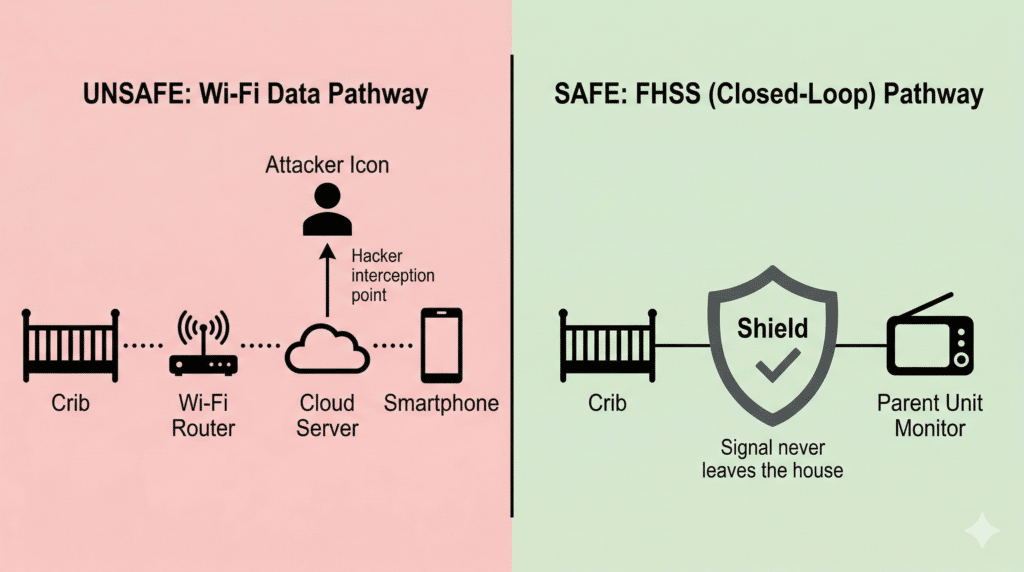 A scientific diagram comparing the vulnerable digital data pathway of a Wi-Fi baby monitor to the secure, closed-loop FHSS radio signal of a hack-proof non-WiFi baby monitor.
