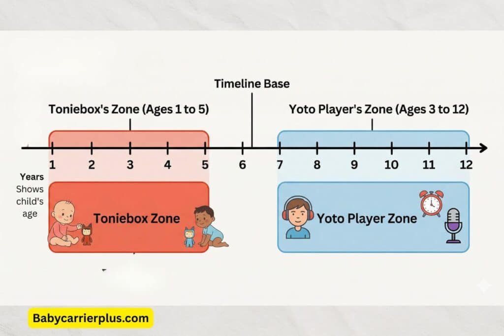 Developmental timeline graphic for the Yoto vs Toniebox 2026 comparison, showing Toniebox is optimized for ages 1 to 5, while the Yoto Player grows with children from ages 3 to 12.