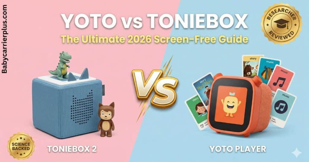 Side-by-side comparison of Yoto Player vs Toniebox 2026, featuring the ultimate screen-free audio players for toddlers with science-backed and researcher-reviewed badges.