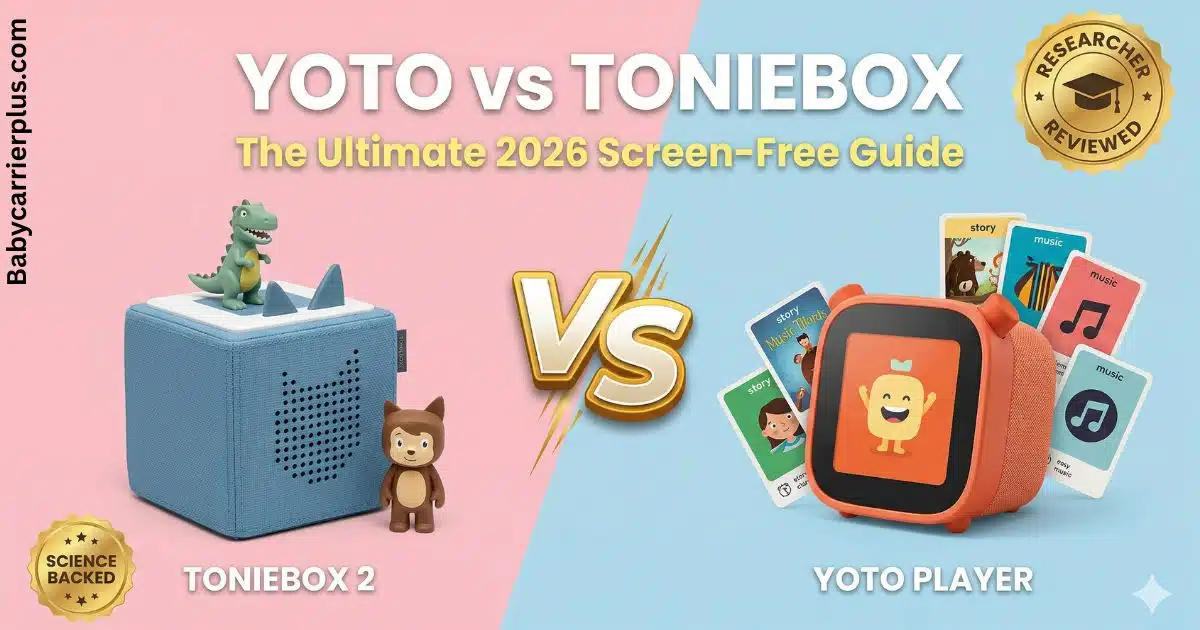 Side-by-side comparison of Yoto Player vs Toniebox 2026, featuring the ultimate screen-free audio players for toddlers with science-backed and researcher-reviewed badges.