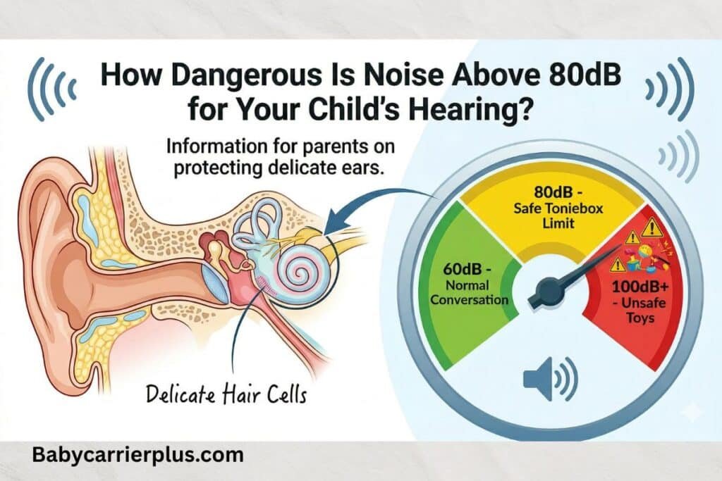 Infographic showing safe listening volume limits for toddlers in the Yoto vs Toniebox 2026 comparison, highlighting the 80dB safety threshold for delicate ear anatomy.
